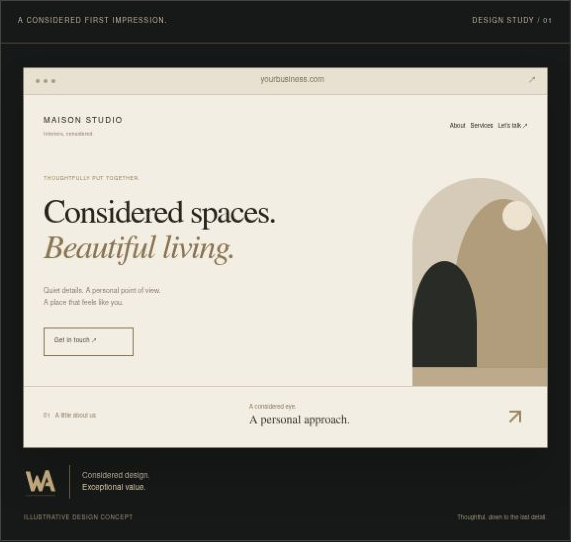 Maison Studio illustrative website design, showing a charcoal frame and ivory interior design landing page